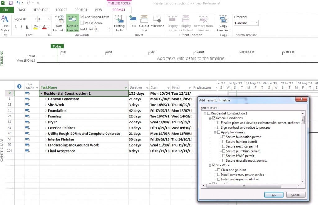 Adding tasks to timeline in MS Project