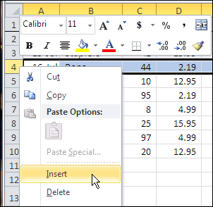 Excel 2010 Insert New Row