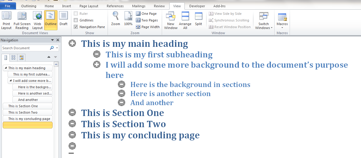 Using The Outline View In Word 2010